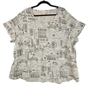 Cynthia Rowley Shirt Womens Extra Large White Black Linen Venice Print Gondola